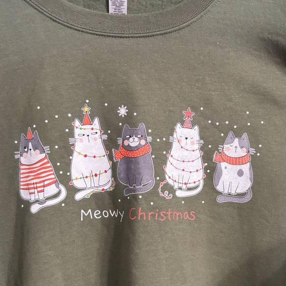 Gildan Green Meowy Christmas Cat Print Sweatshirt Pullover 2XL Cozy Holiday - Picture 2 of 7